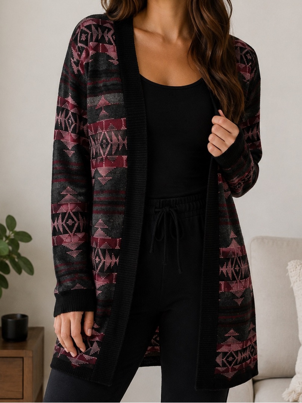 SayWhat Aztec Tribal Open Front Cardigan Sweater Medium USA